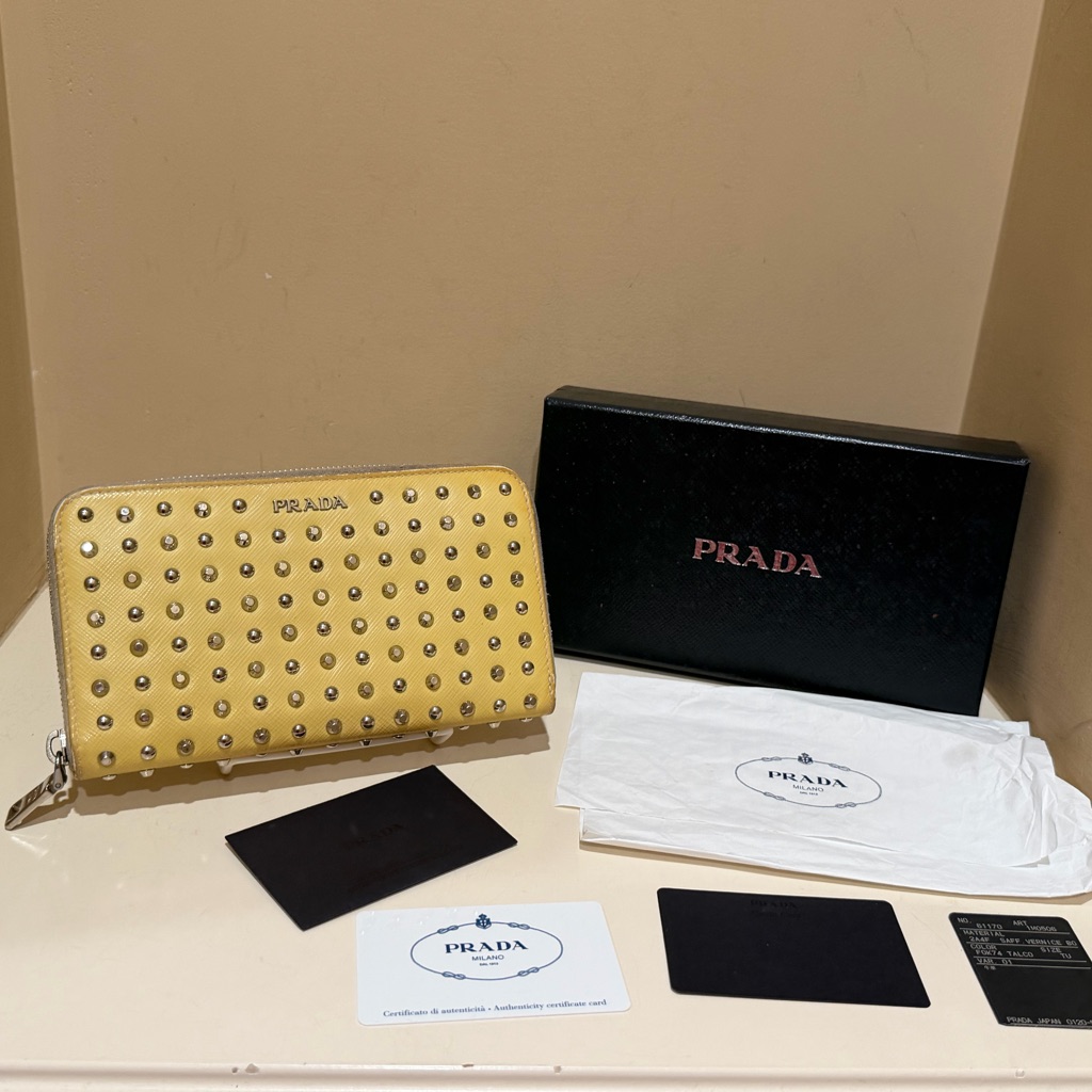 Prada Studded Yellow Saffiano Leather Wallet